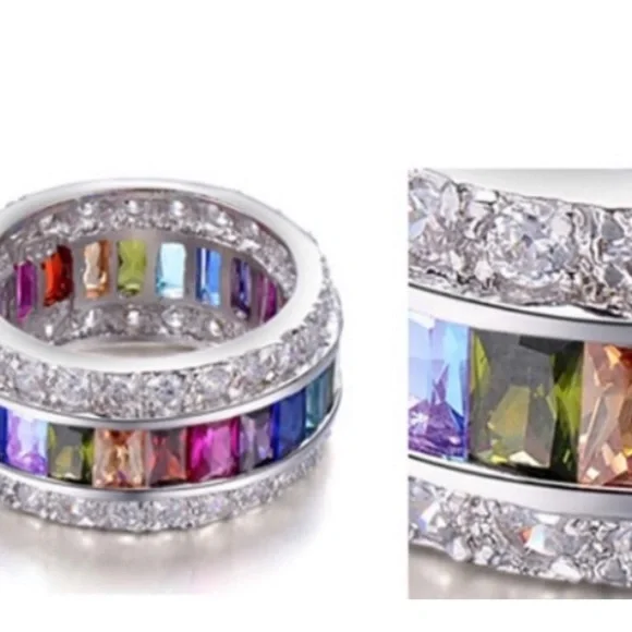 NEW Size 6 Multicoloured Rhodium Plated Rainbow Ring - Absolutely Stunning! - Picture 2 of 6